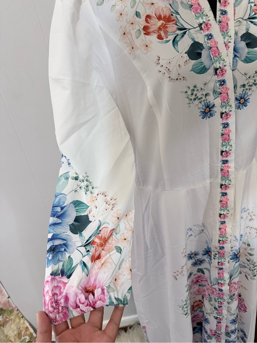 Floral-Embroidered White Maxi Dress with Pink & Blue Accents - Picture 9 of 14